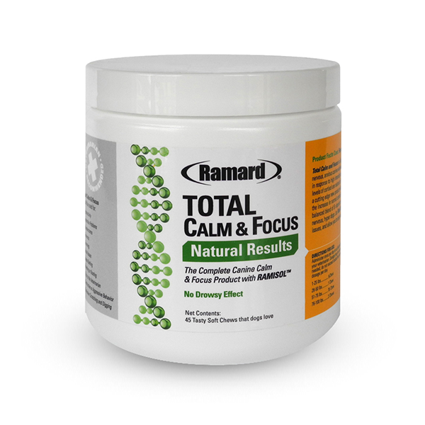 Total Calm and Focus Canine from Ramard for pet calming during fireworks available at Farmvet