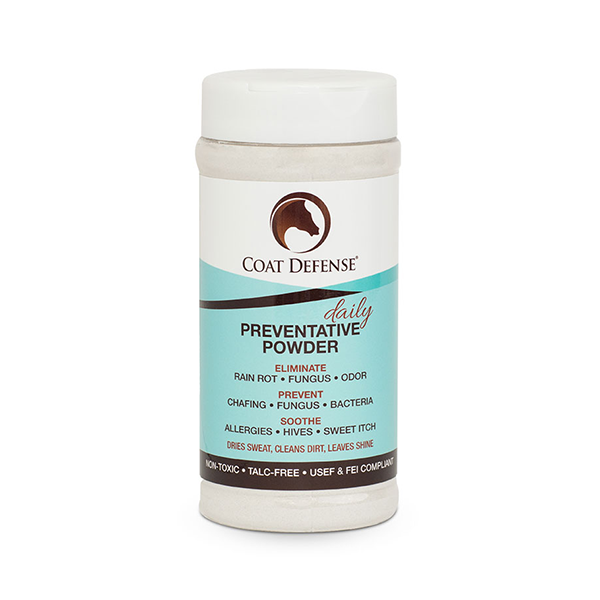 Coat Defense Daily Preventative Powder for show-safe wound care available at FarmVet