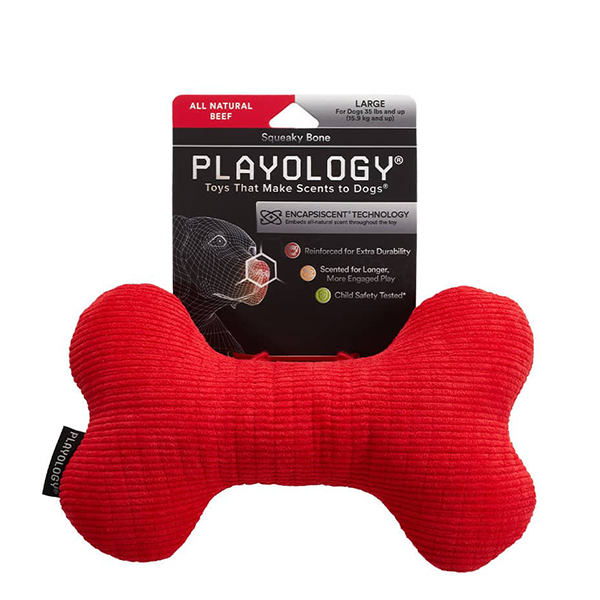 Playology Plush Squeaky Bone dog toy with scent available at FarmVet